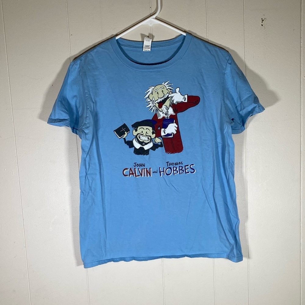 John Calvin and Thomas Hobbes comic T-Shirt‎ with Cartoon Graphic large unisex